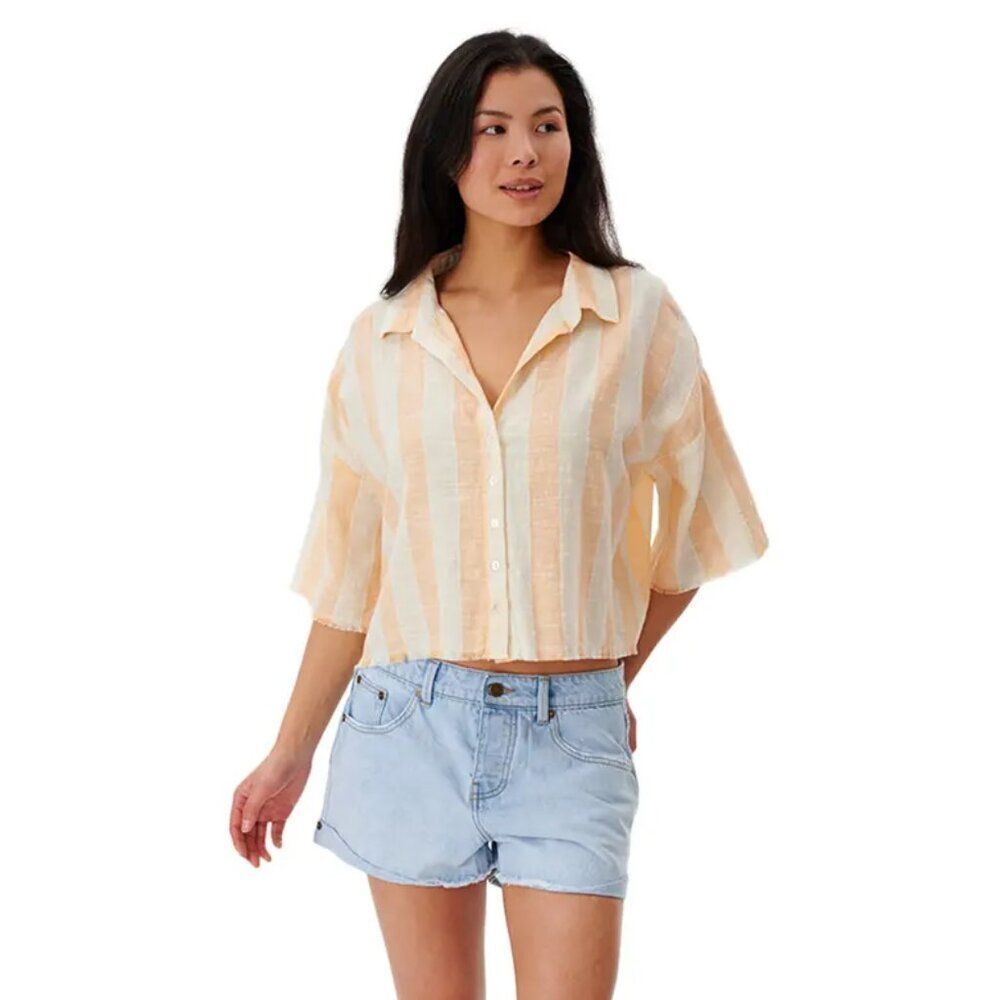 ✨RIP CURL✨ Havana Striped Boxy Cropped Button Down Shirt - [Small, Peach]